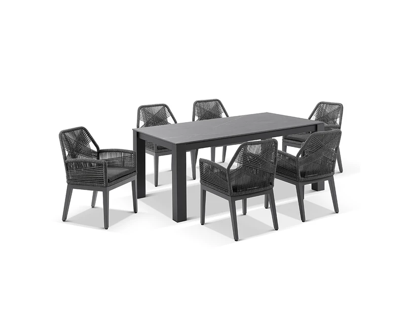 Hugo Ceramic 1.8m Outdoor Aluminium Dining Table with 6 Hugo Rope Chairs - Outdoor Dining Settings - Charcoal