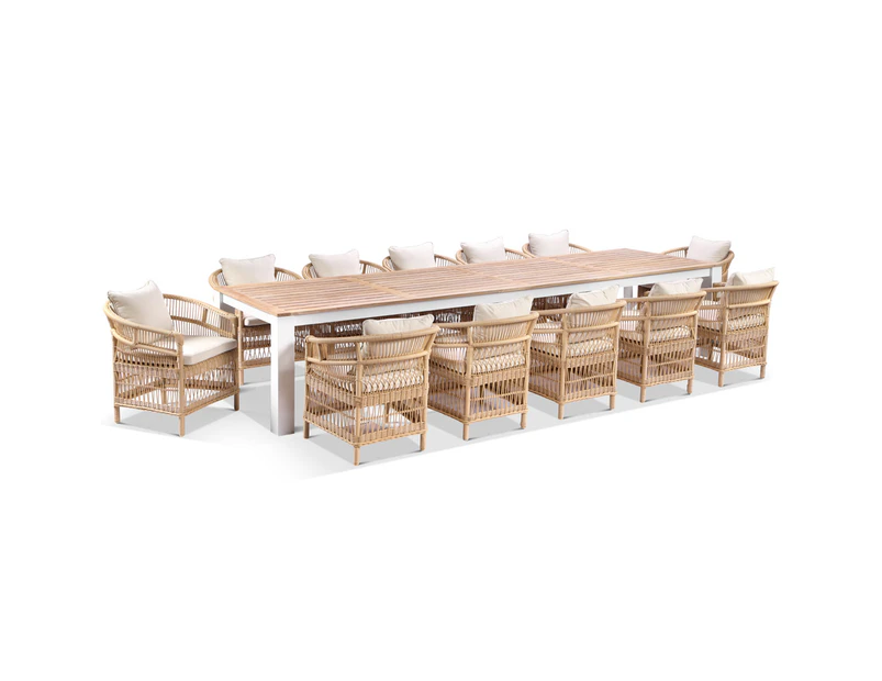 Balmoral 3.55m Outdoor Teak Top Aluminium Table with 12 Malawi Chairs - Outdoor Dining Settings - White