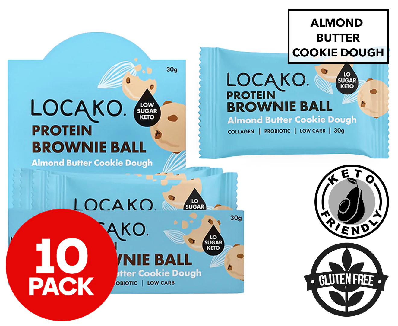 10 x Locako Protein Brownie Balls Almond Butter Cookie Dough 30g