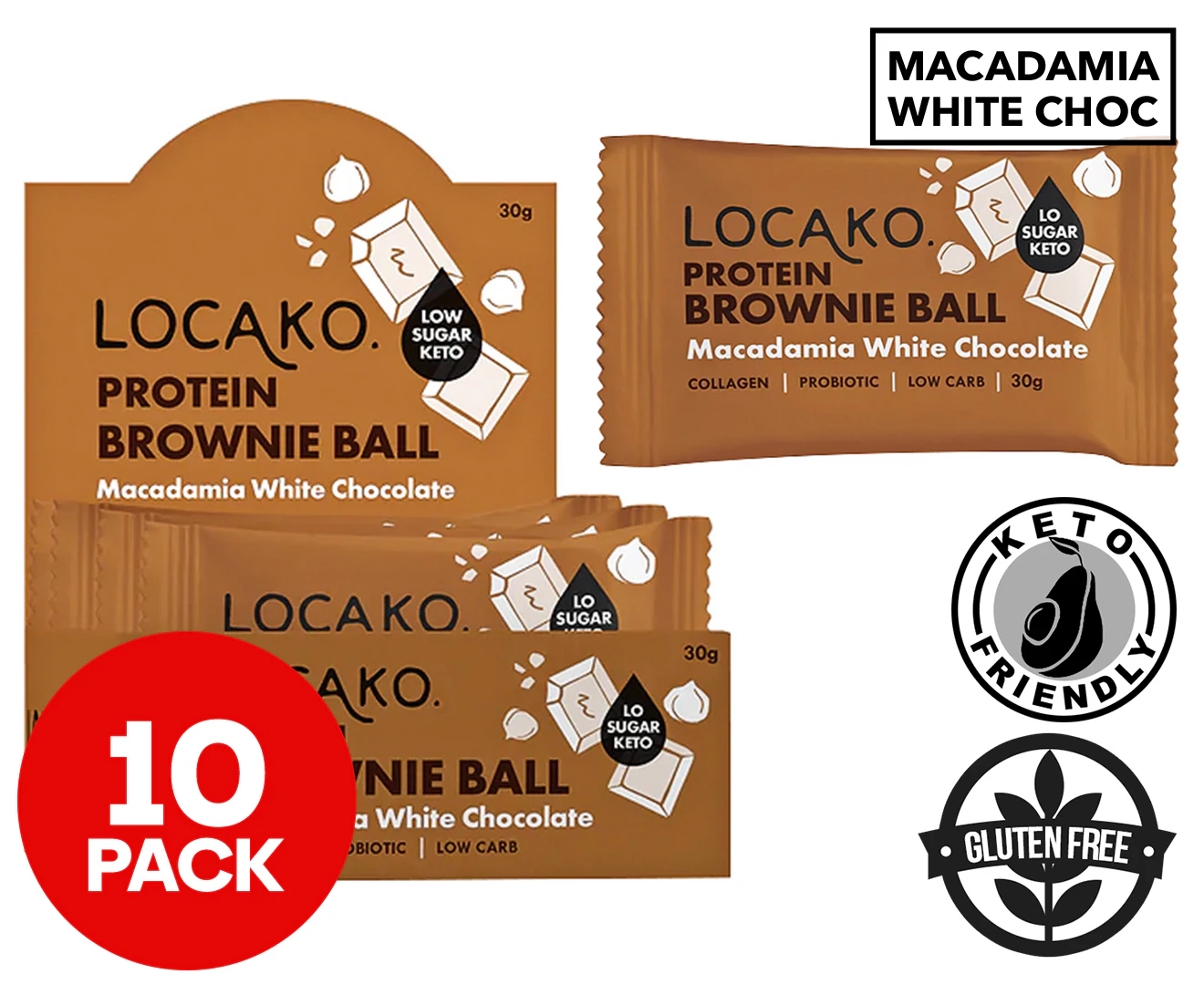 10 x Locako Protein Brownie Balls Macadamia White Chocolate 30g