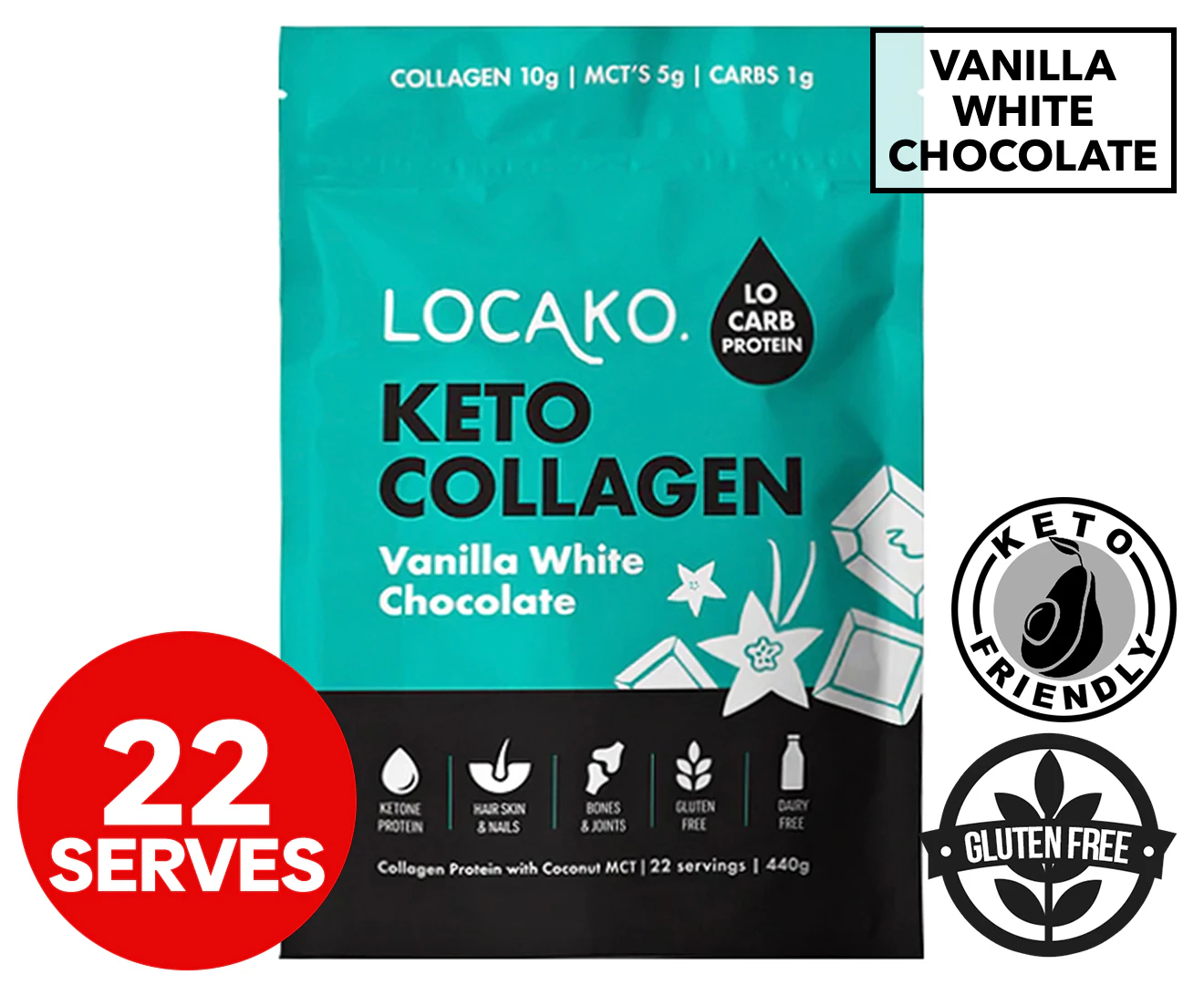 Locako Keto Collagen Protein Powder Vanilla White Chocolate 440g