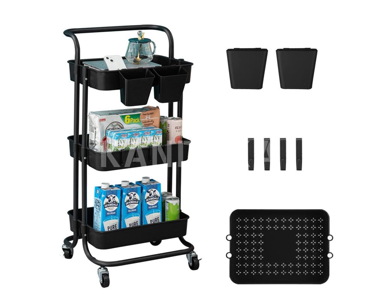 3 Tier Foldable Metal Rolling Organizer Cart with Casters Mobile Utility Service Cart for Kitchen Bathroom Office Laundry Dripex Storage Trolley Cart Black 