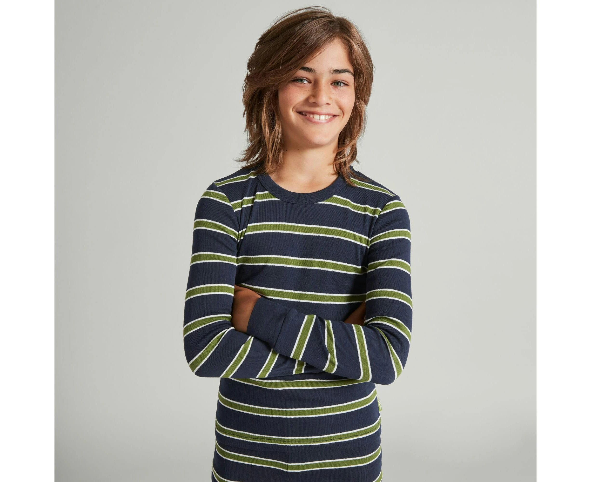 Kathmandu KMDCore Kids' Long Sleeve Unisex Top  Shirts & Tops - Thyme/Midnight Navy Stripe