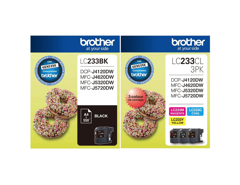 Original Brother LC-233BK LC233BK + LC-233CL3PK Ink Combo [BK+C+M+Y]