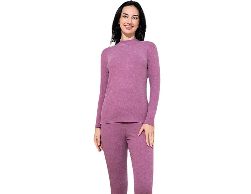 Amoretu Womens Soft Thermal Underwear Set Plush Lined Half Turtleneck-Purple