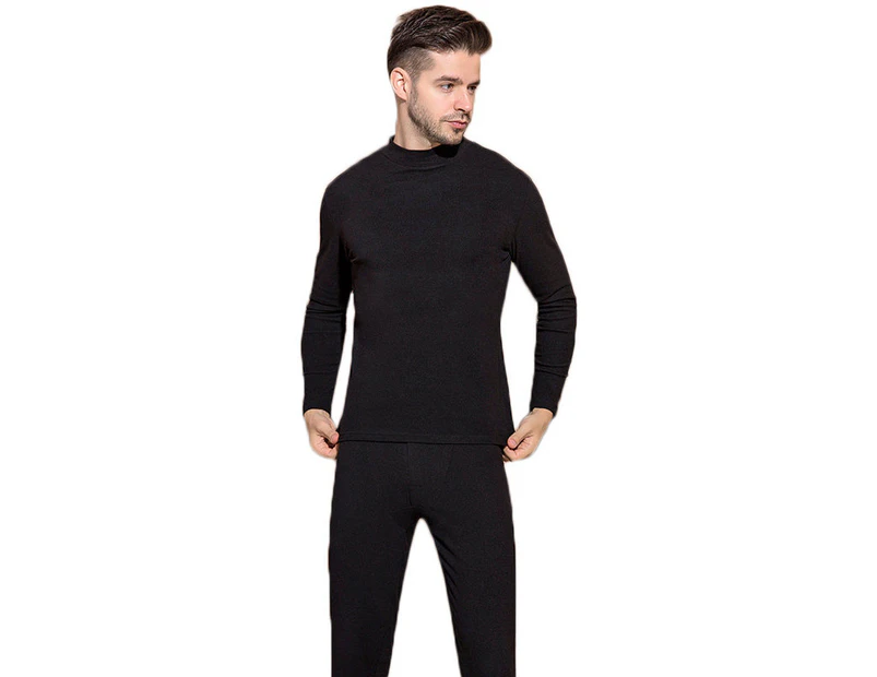 Amoretu Mens Soft Thermal Underwear Set Plush Lined Half Turtleneck-Black