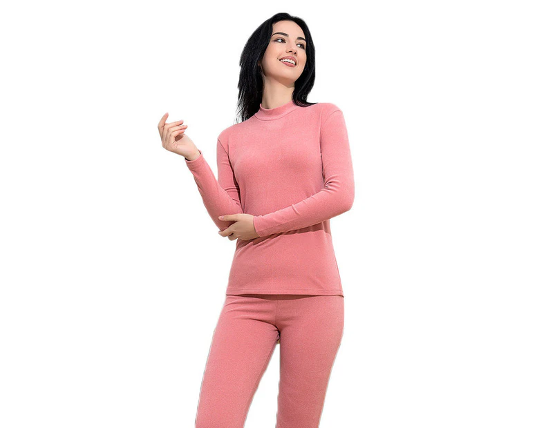 Amoretu Womens Soft Thermal Underwear Set Plush Lined Half Turtleneck-Pink