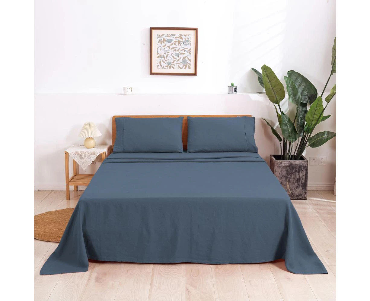 100% European Flax Linen Sheet Set (Washed Blue) - Single Bed