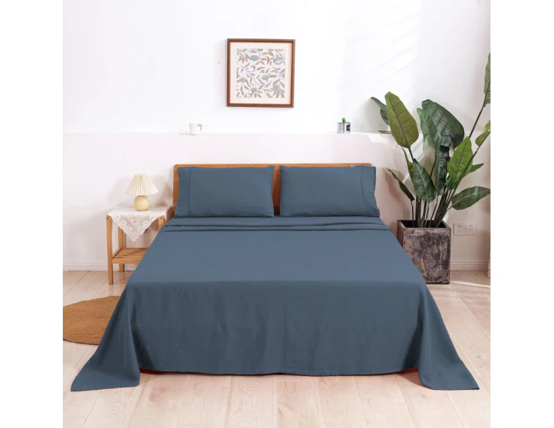 100% European Flax Linen Sheet Set (Washed Blue) - Single Bed