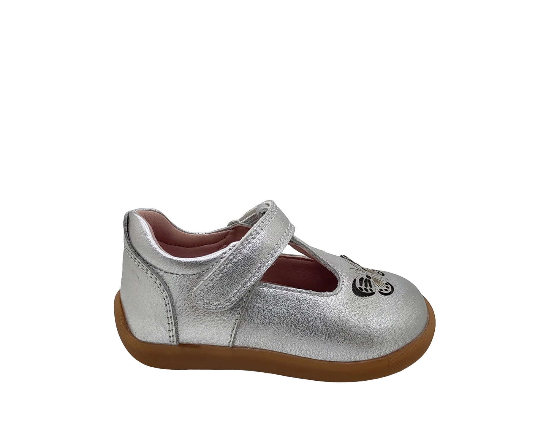 Surefit Haley Little Girls Mary Jane Leather Upper Cute Butterfly Glitter Design - Silver