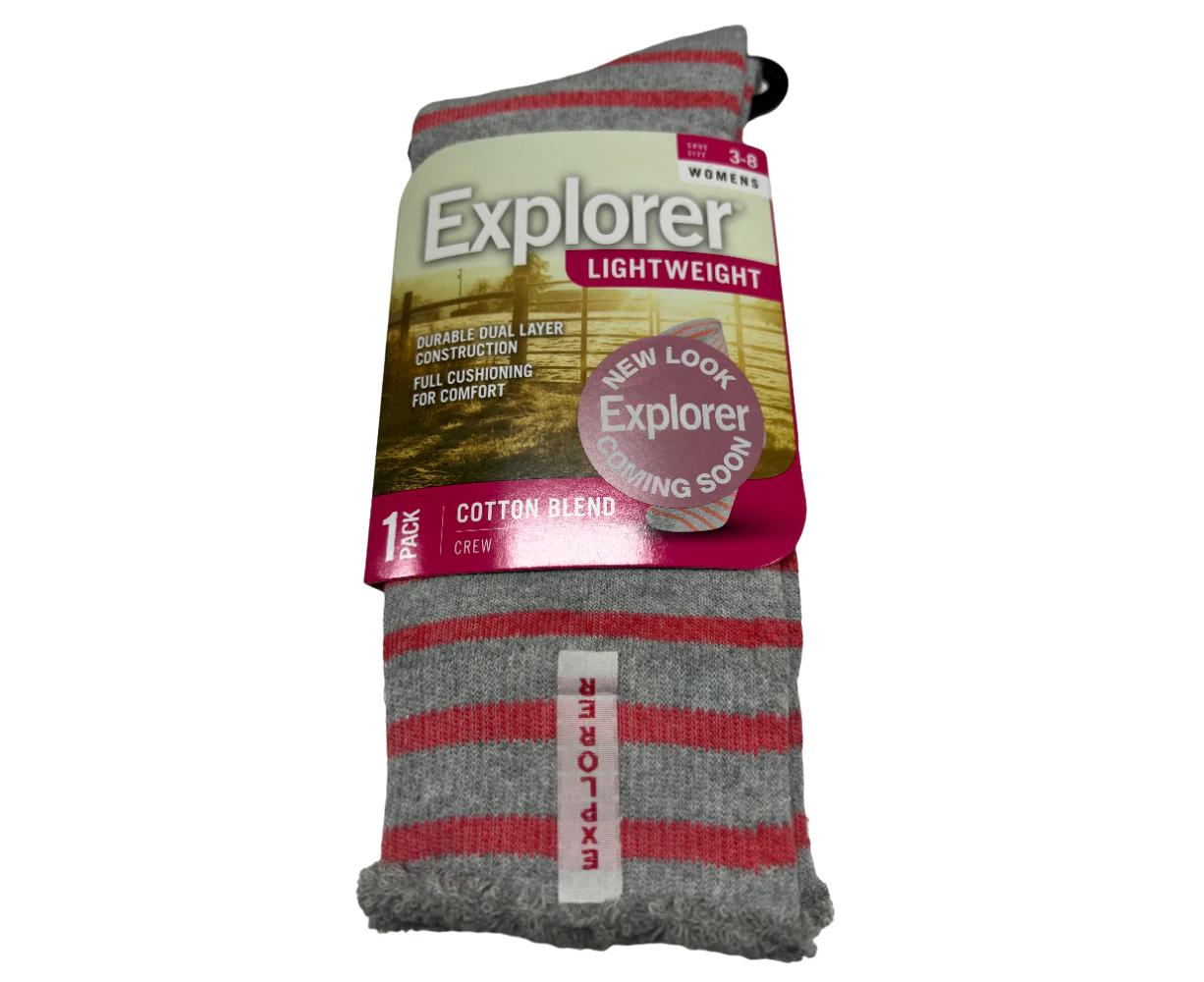 6 X Womens Explorer Lightweight Cotton Crew Ladies Socks Grey/Pink Stripes Cotton/Elastane/Nylon - Light Grey / Pink Stripes