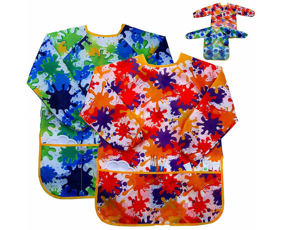 Bassion 2Pcs Kids Art Smock Painting Apron with 2 Pockets for Baking Eating Arts