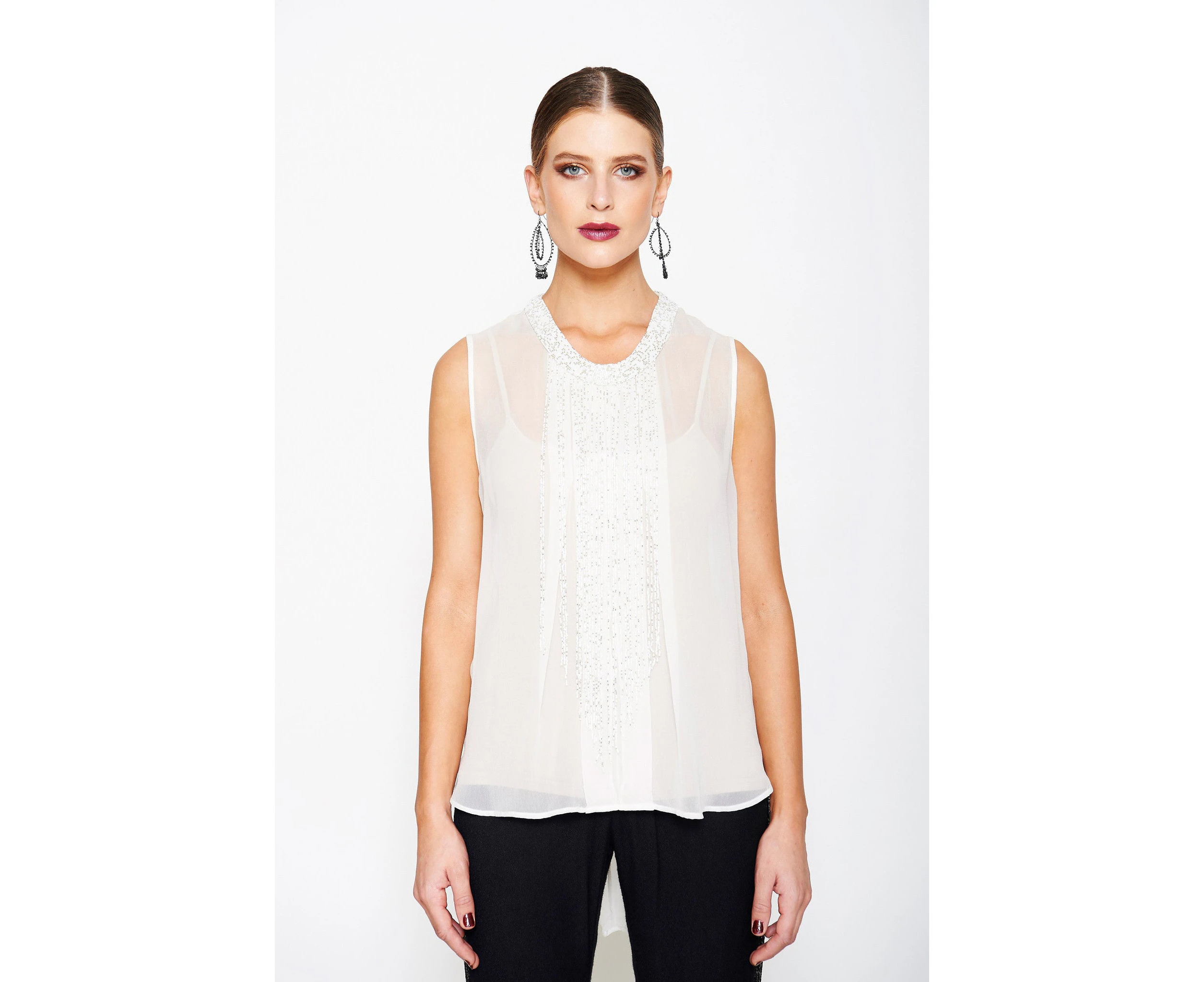 Siyona Beaded Fringe Sleeveless Top - White