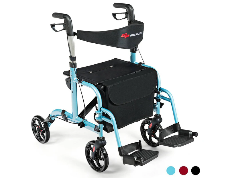 Costway 2-IN-1 Folding Rollator Walker Wheelchair w/Park Brakes Compact Mobility Walking Frame Seniors Aids Medical Blue