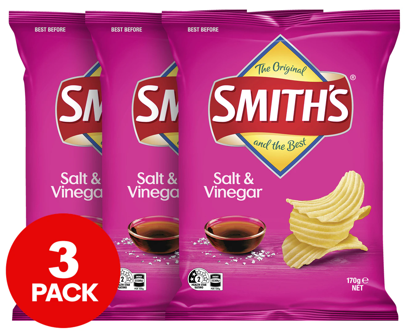 3 x Smiths Crinkle Cut Chips Salt & Vinegar 170g