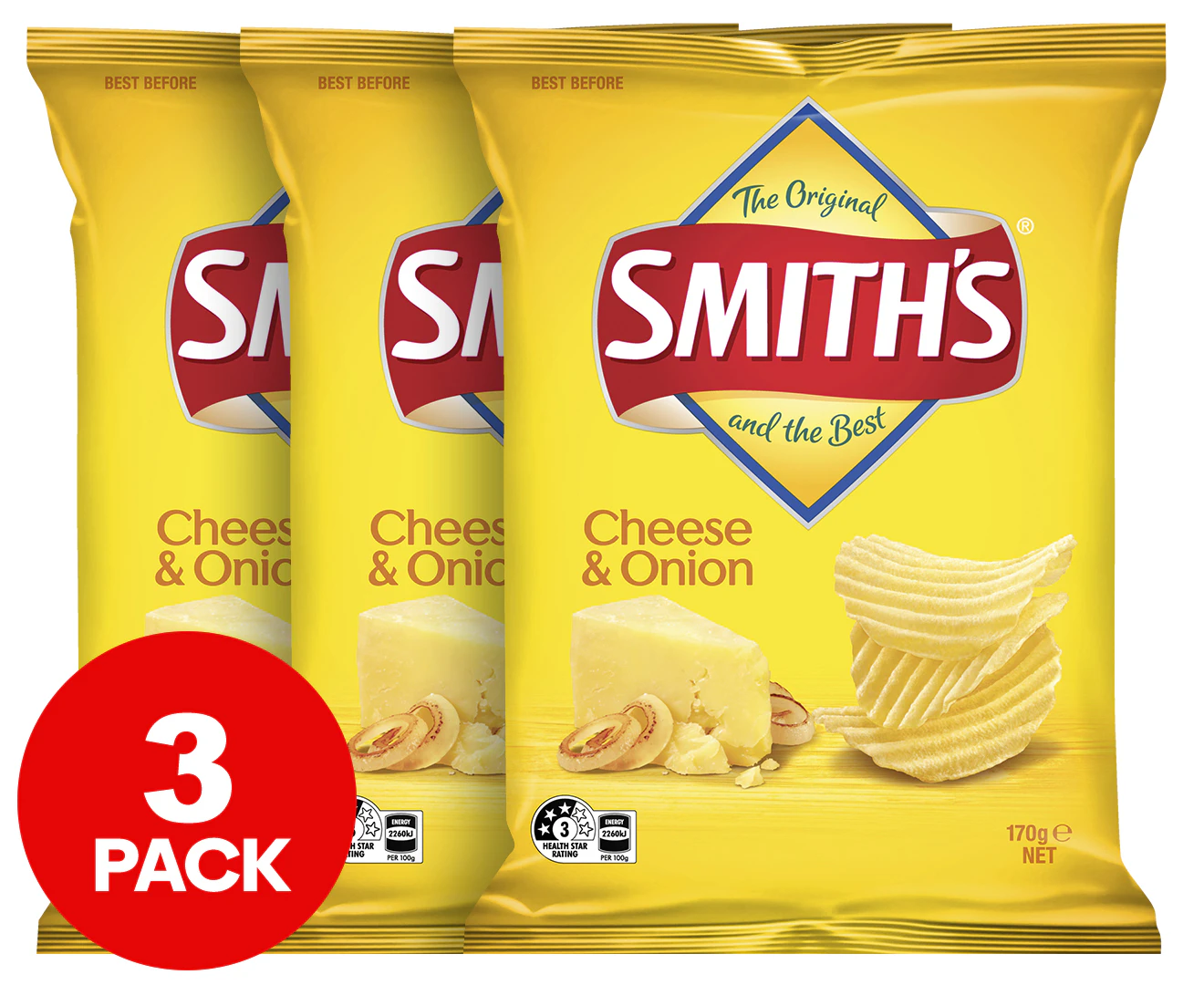 3 x Smiths Crinkle Cut Chips Cheese & Onion 170g