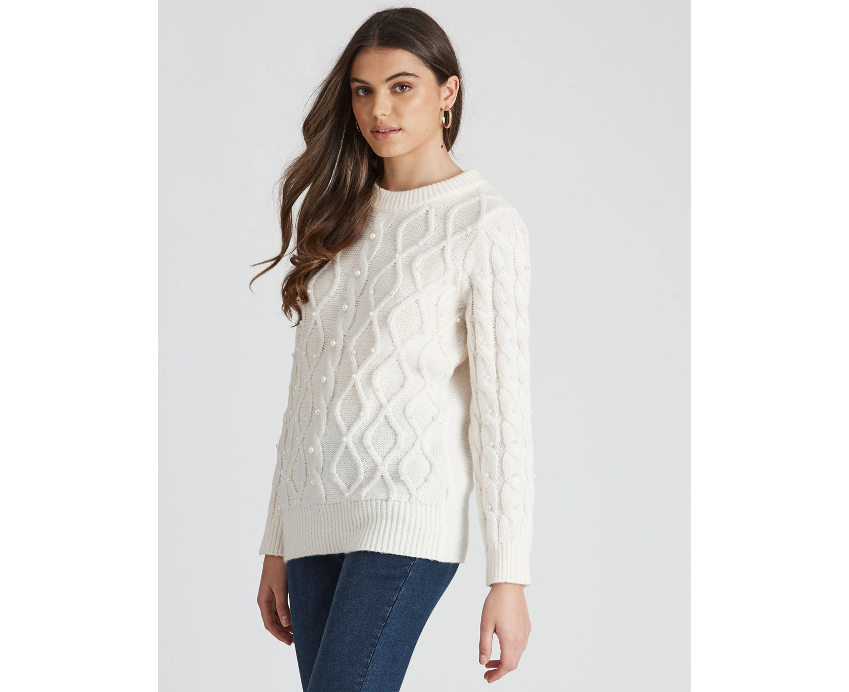 Rockmans Long Sleeve Pearl Cable Knitwear Jumper - Womens - Cream