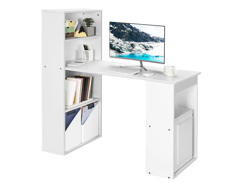 Giantex Reversible Computer Table w/6-tier Storage Shelves Workstation Modern Study Desk for Home & Office Space-saving Design,White