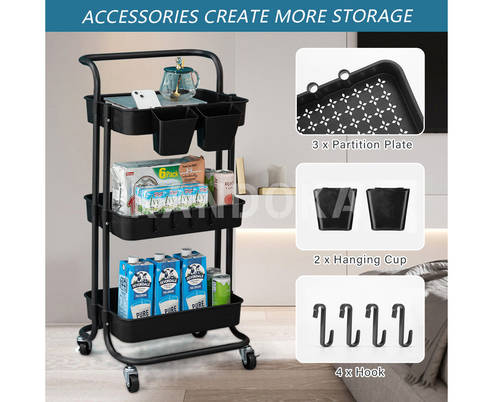 Bedroom Storage White Storage Trolley Cart,3-Tier Storage Cart,Multi-Purpose Trolley Organizer Cart with Casters,Rolling Cart Metal Utility Cart,Organizer Trolley on wheels for Bathroom,kitchen 