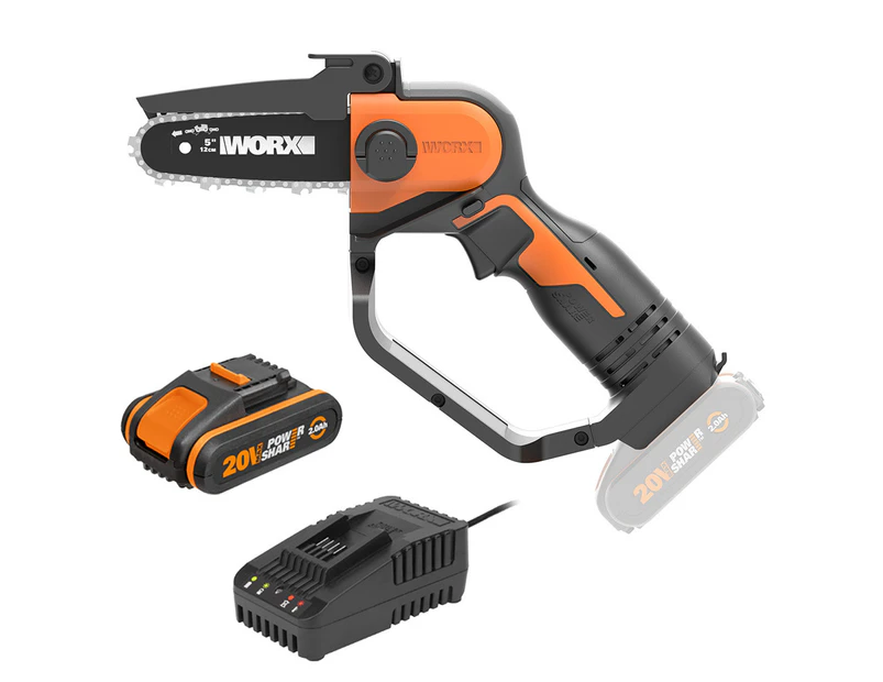 WORX 20V Cordless 12cm One Handed Pruning Chainsaw w/ POWERSHARE 2Ah Battery & Charger - WG324E.B