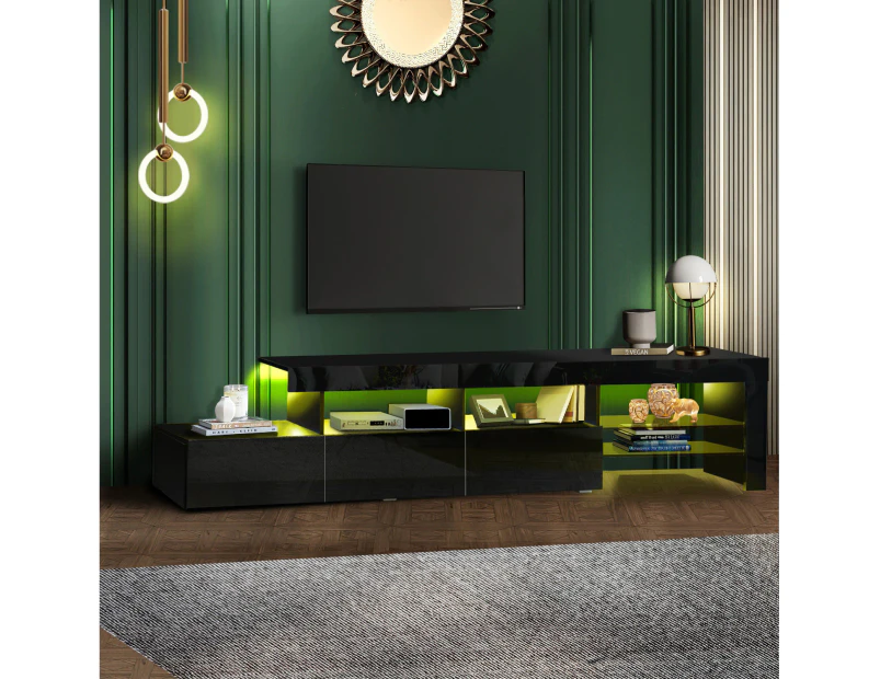 Oikiture TV Stand Cabinet LED Entertainment Unit Gloss Wooden 3 Drawers Black