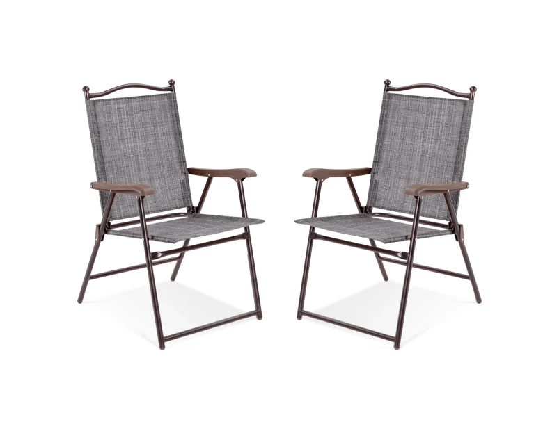 Costway 2 x Outdoor Chairs Folding Textilene Deck Chair Dining Armchairs Beach Camping Patio Garden Backyard Grey