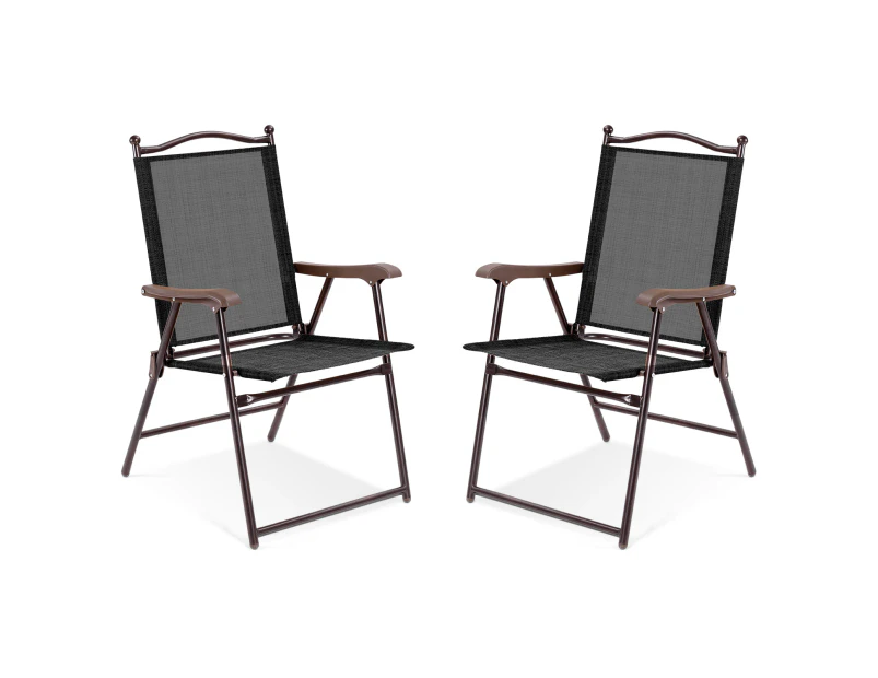 Costway 2 x Outdoor Chairs Folding Textilene Deck Chair Dining Armchairs Beach Camping Patio Garden Backyard Black