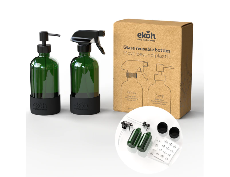 Green Glass Empty Bottles Pump And Spray Retro 2 Pack + Bonus Labels 500ml/16.9oz Ea.
