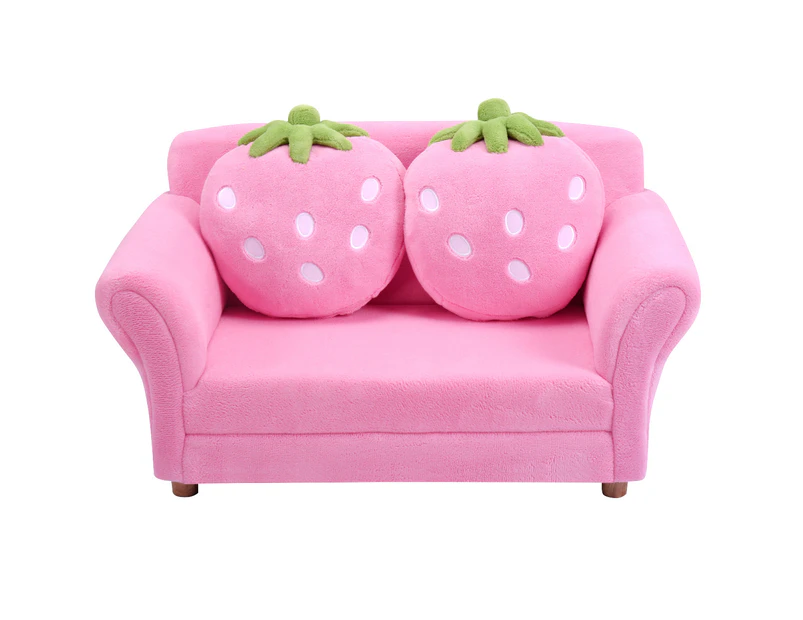 Giantex Velvet Kids Sofa 2-Seat Children Lounge w/2 Cute Strawberry Pillows Upholstered Armchair w/Solid Wooden Frame,Pink