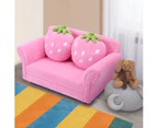 Giantex Velvet Kids Sofa 2-Seat Children Lounge w/2 Cute Strawberry Pillows Upholstered Armchair w/Solid Wooden Frame,Pink
