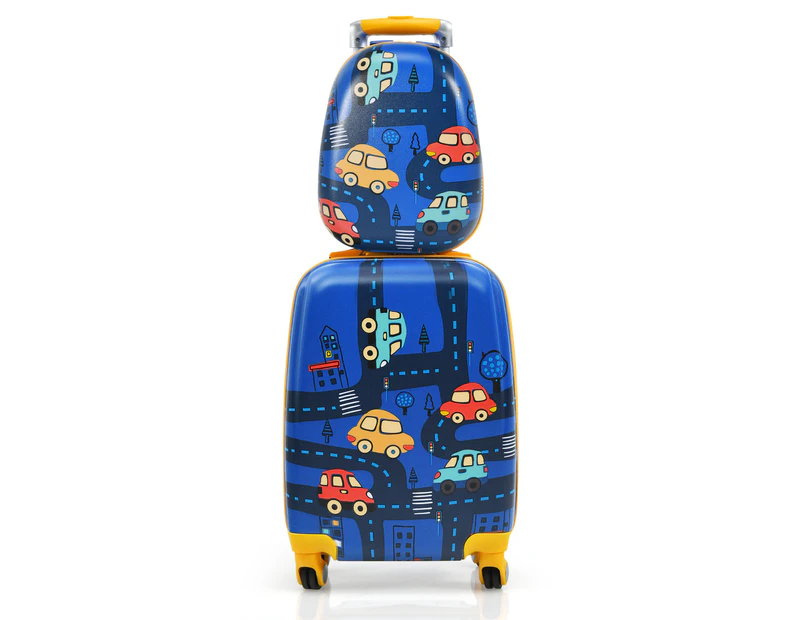 Costway 2PC Kids 18" Luggage + 13" Backpack Set Travel Trolley Suitcase Set Luggage Carry On Bag Hard Shell Car Pattern Birthday Gift