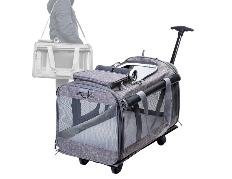 KANDOKA Foldable Pets Cage with drawbar dogs Carrier with detachable 4 wheels & Carry Handles and Pull Strap,travel bag Suitable for pets under 12kg(GREY)