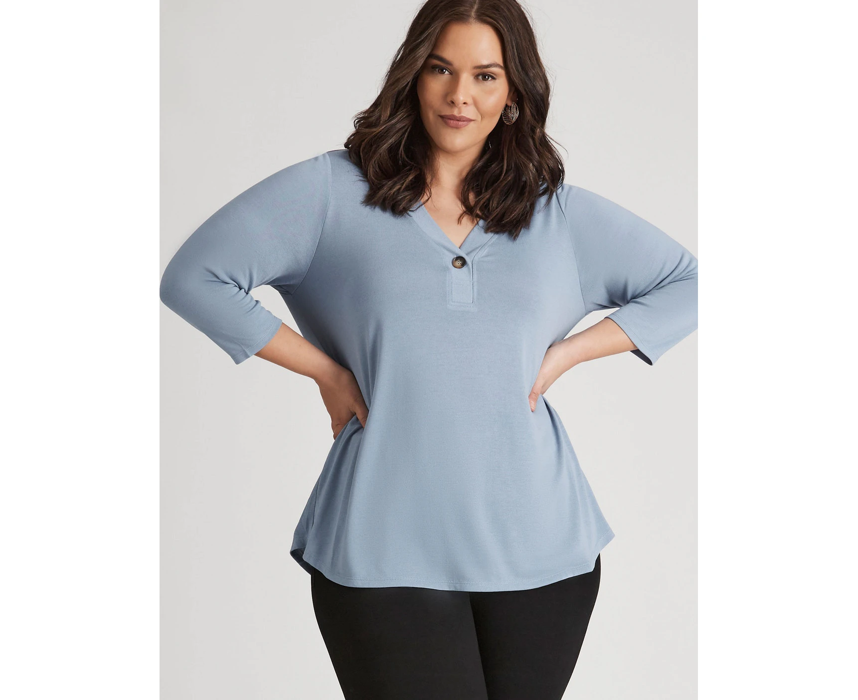 Autograph - Plus Size - Womens Winter Tops - Blue Basic - Vivid - Work Clothes - Washed Denim - 3/4 Sleeve - Denim - Elastane - One Button - Fashion