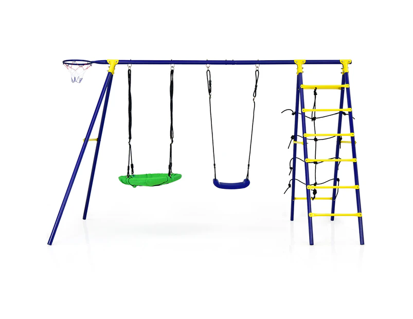 Costway 5-IN-1 Metal Climb and Swing Set Kids Outdoor Playground Play Set Activity Center Fun w/Basketball Hoop