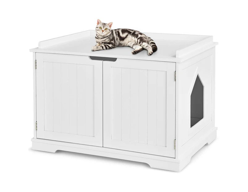 Costway Wood Side Table Cupboard Cat Litter Cabinet Enclosed Cat Litter Box Pet House w/2 Doors & divider Living Bedroom White