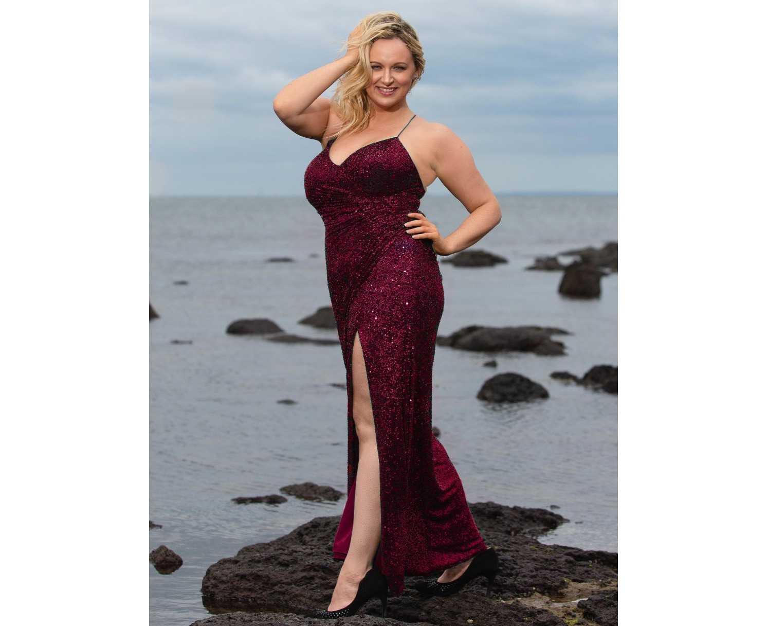 Orne Renee Glitter Stretch Plus size Formal Dress With Slit And