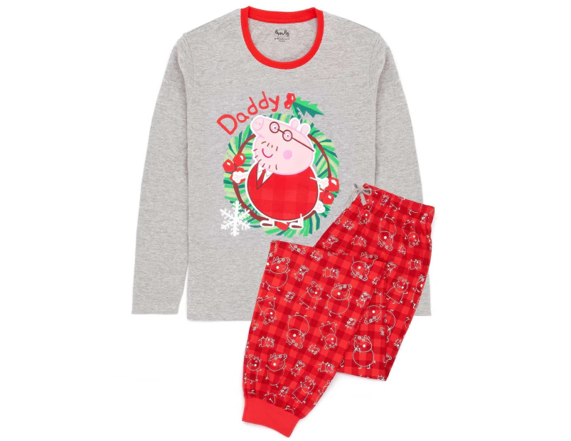 Peppa Pig Mens Daddy Pig Christmas Pyjama Set (Red/Grey) - NS6667