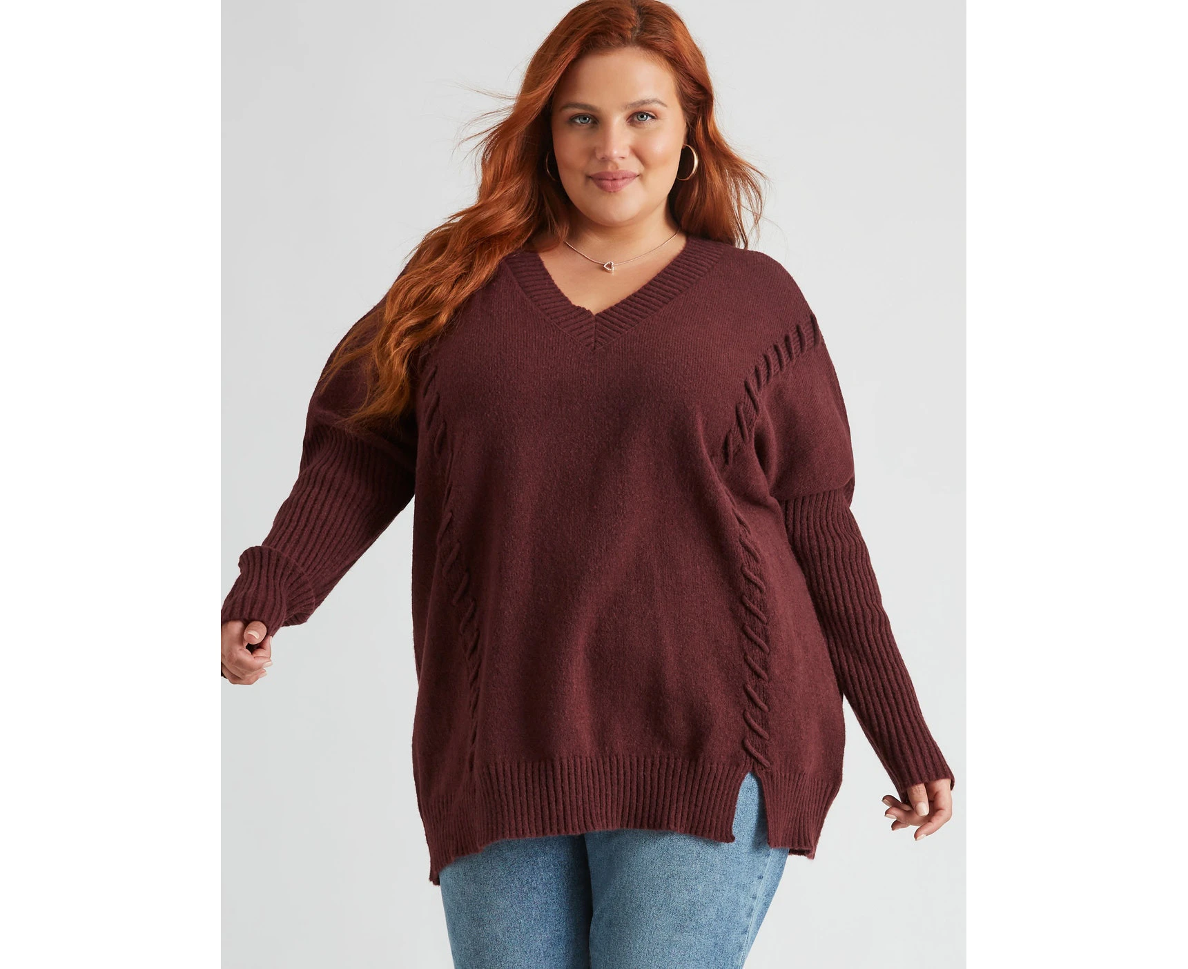 Beme Long Sleeve V Neck Laced Detail Knitwear Top - Womens - Plus Size Curvy - Burgundy