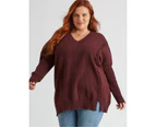 Beme Long Sleeve V Neck Laced Detail Knitwear Top - Womens - Plus Size Curvy - Burgundy