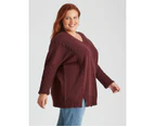 Beme Long Sleeve V Neck Laced Detail Knitwear Top - Womens - Plus Size Curvy - Burgundy