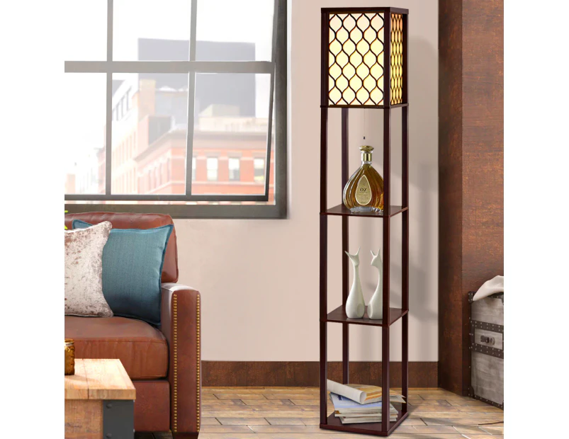Artiss Floor Lamp 3 Tier Shelf Storage LED Light Stand Home Room Pattern Brown