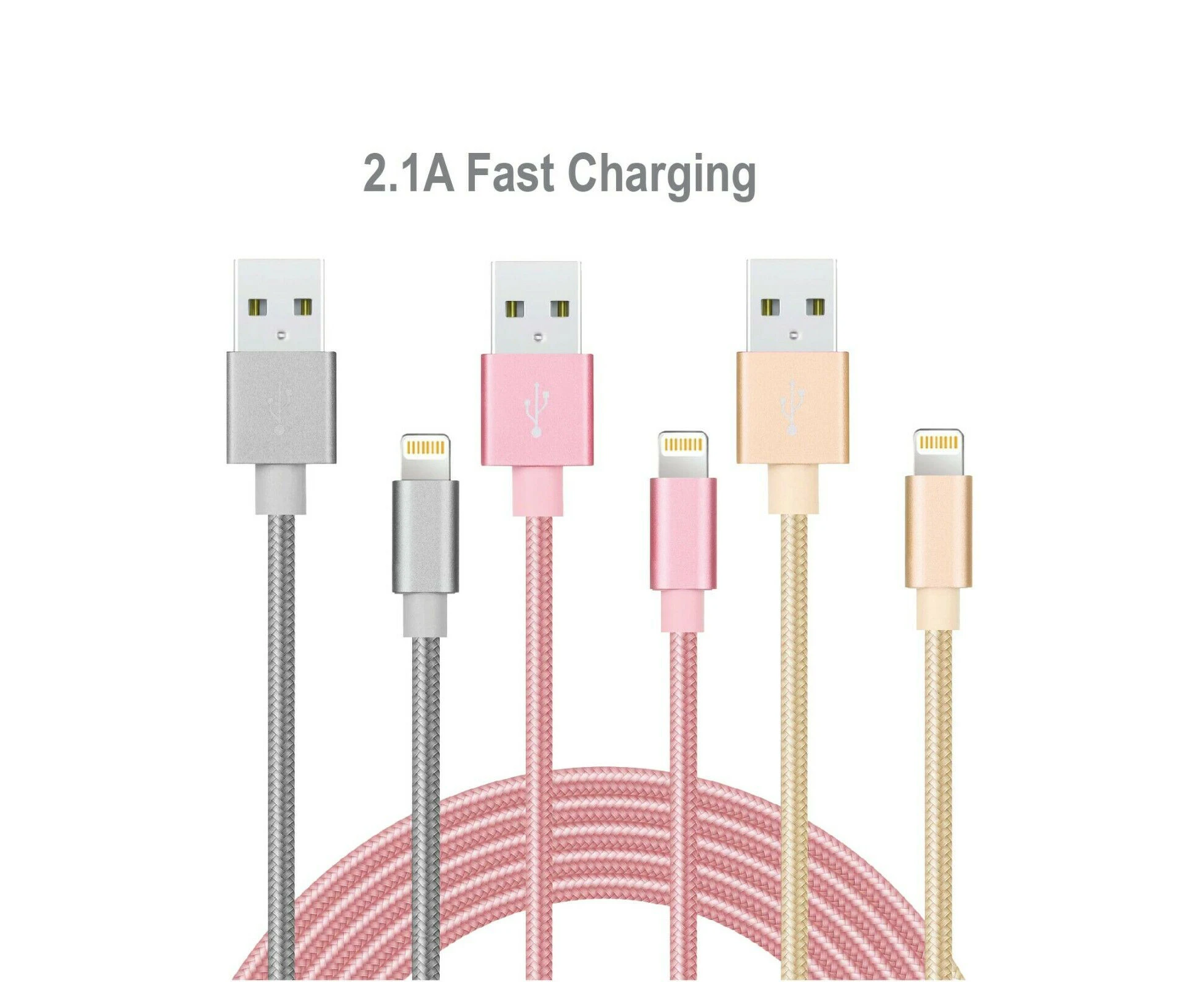 [3 Pack] 2M USB 2.1A Fast Charger Cable Naylon Braided For Apple iPhone 11 XR X Charging Cord - Pink/Silver/Gold