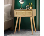 Oikiture Bedside Tables Drawers Rattan Wood Storage Cabinet Nightstand Bedroom - Natural