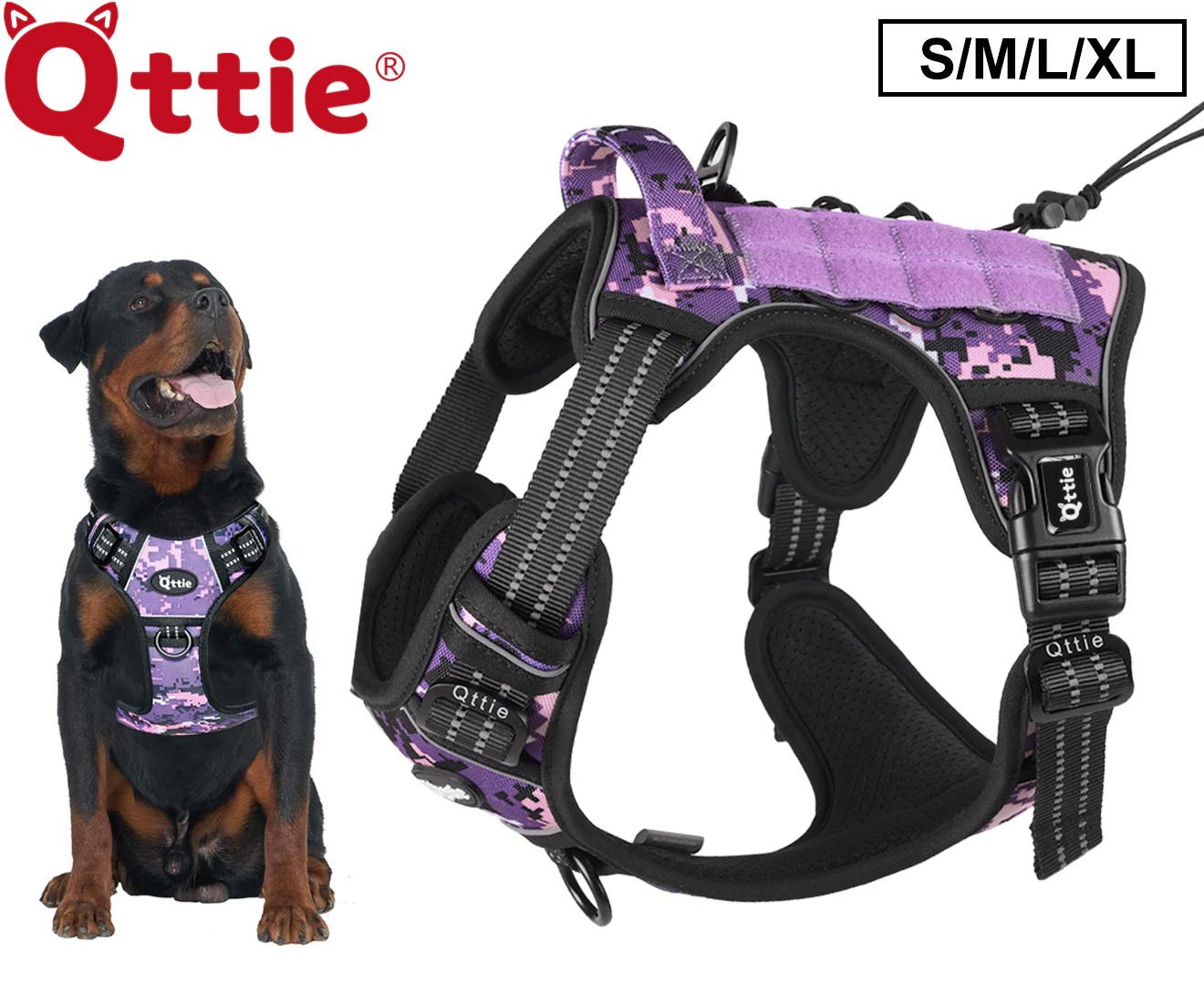 Qttie Dog Harness No-Pull Adjustable Solf Pet Outdoor Adventure Padded Handle Tactical K9 Vest Camo Purple S-XL