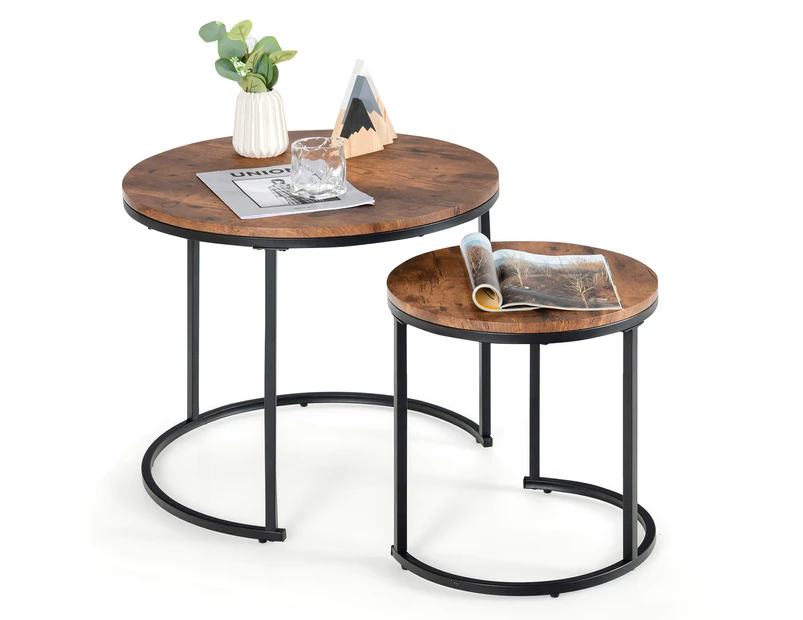 Giantex 2x Coffee Table Round Side Table w/Wood Tabletop Steel Frame End Table Home Office Center Table