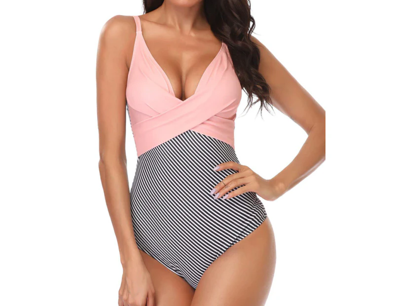 sunwoif Ladies Tummy Control Bikini Monokini Push Up Padded Swimwear - Pink+Stripe
