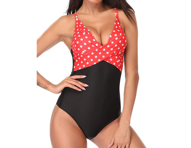 sunwoif Ladies Tummy Control Bikini Monokini Push Up Padded Swimwear - Red Dots+Black
