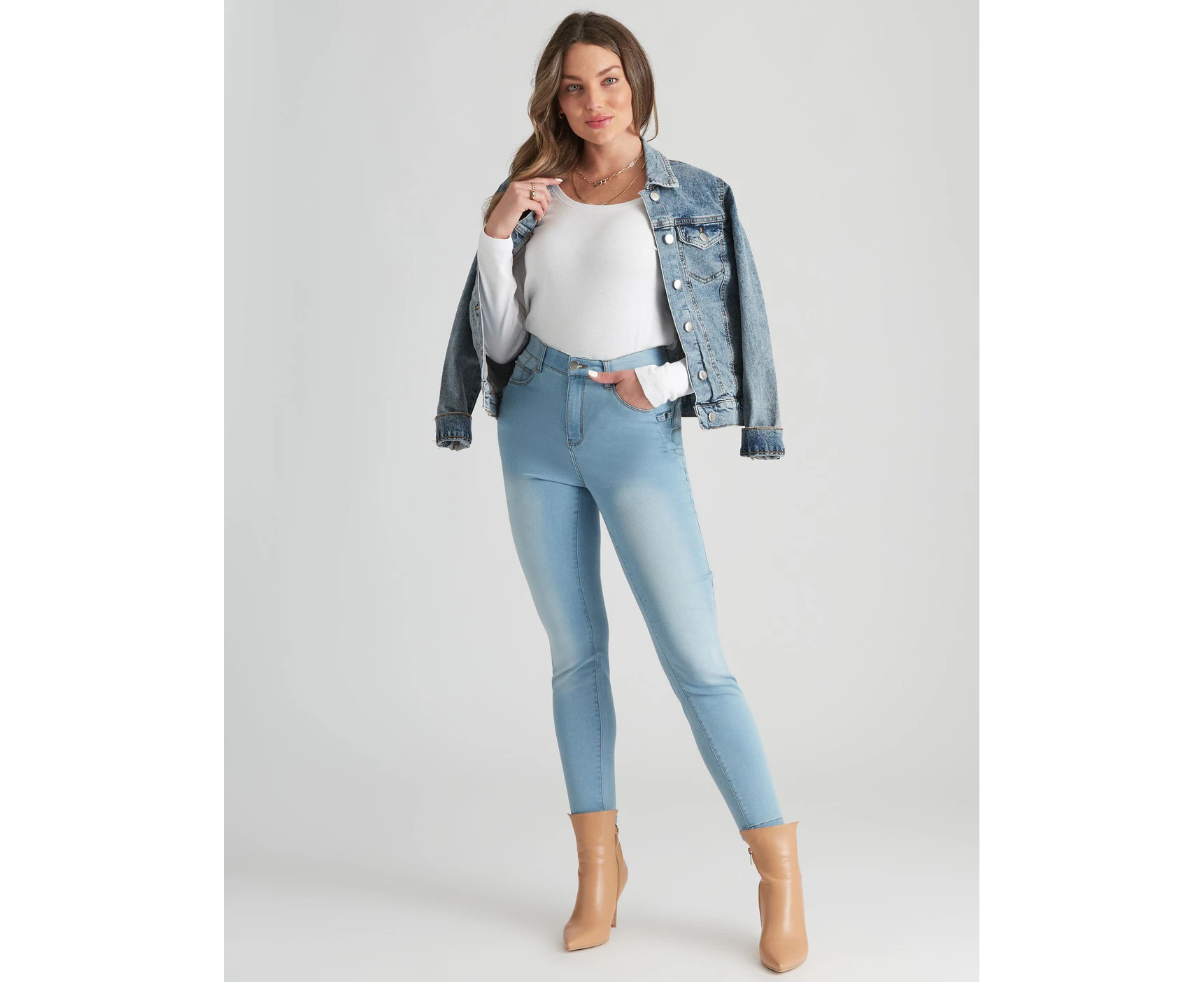 Rockmans - Womens Jeans - Blue Full Length - Denim - Cotton Pants - Work Clothes - All Season - New Wash - Elastane - Casual Trousers - Office Fashion