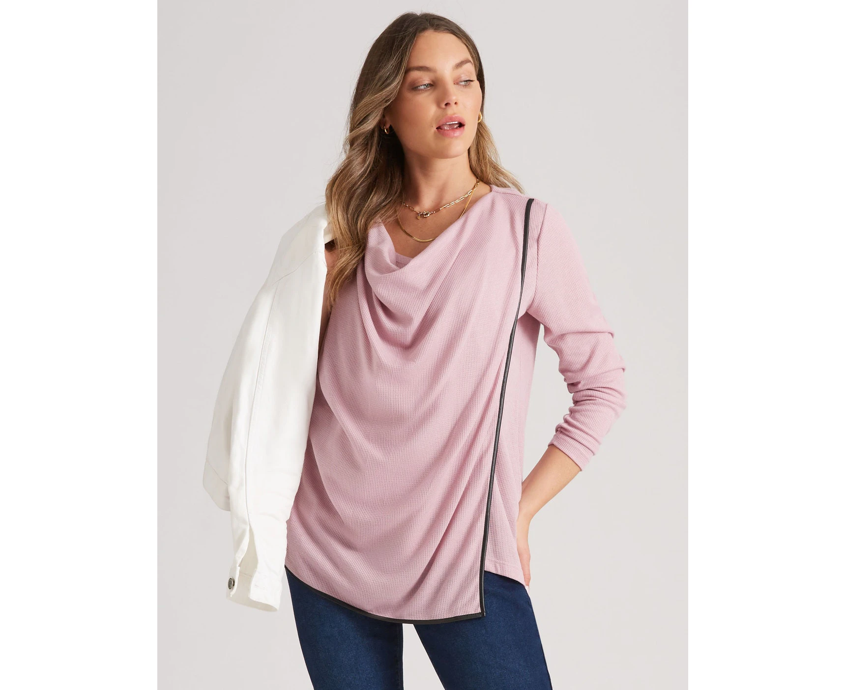 Rockmans Long Sleeve Cowl Neck Contrast Trim Top - Womens - Pink