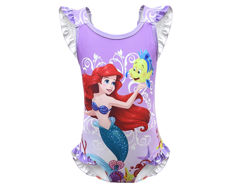 Children Kid Girls Cartoon The Little Mermaid Ariel Print Monokini Swimsuit Ruffle One Piece Beachwear - Purple